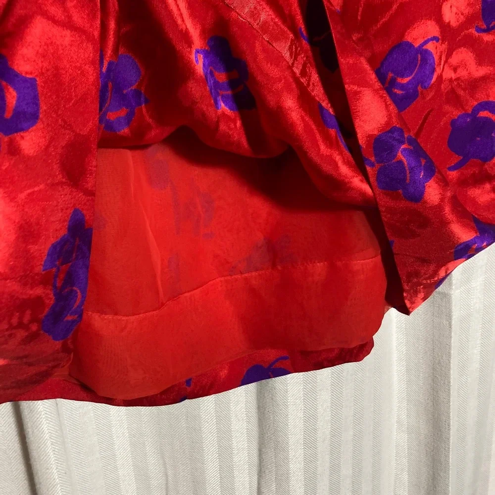 Vintage 100% Silk Red Purple Floral Jacquard Midi Skirt Made in USA 28